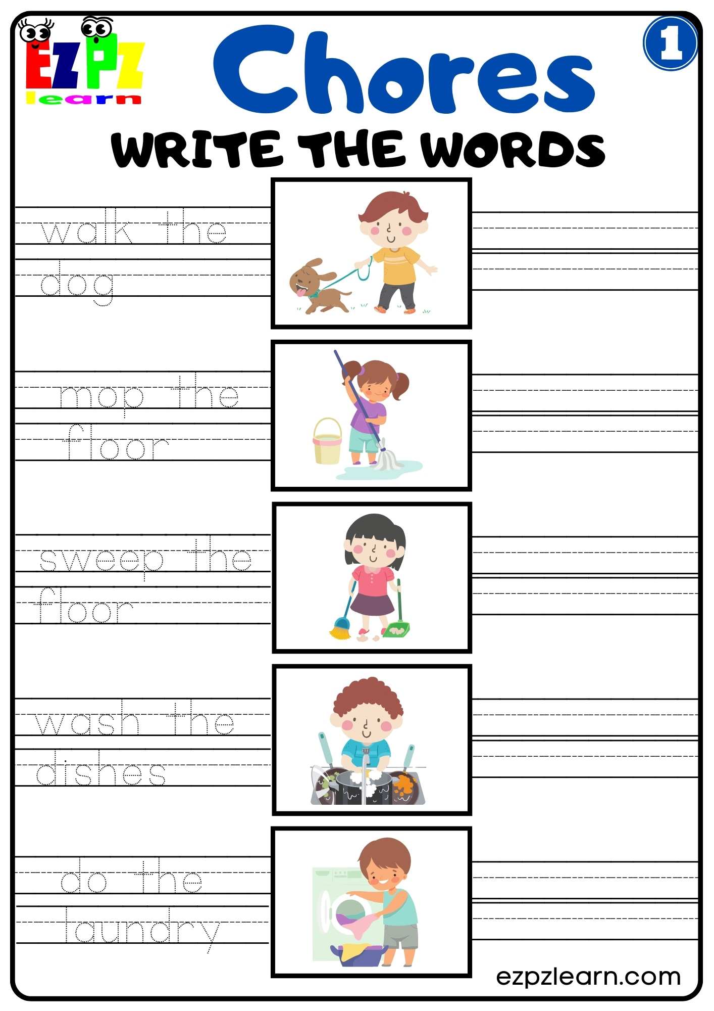 Household Chores Vocabulary Write the Words Worksheet For Kids Group 1 Download Free
